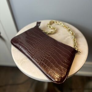 ZARA- Croc Embossed Chocolate Brown Shoulder Bag w/ Gold Chain